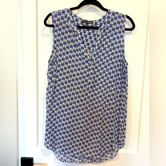 Sandra Tops - Blue and White Sleeveless Tunic with Mandarin Collar